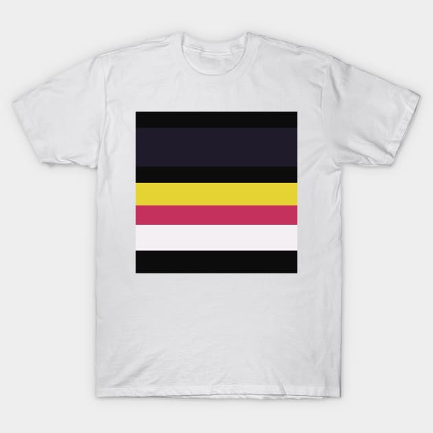 A pleasing integration of Very Light Pink, Dark, Smoky Black, Dingy Dungeon and Piss Yellow stripes. T-Shirt by Sociable Stripes